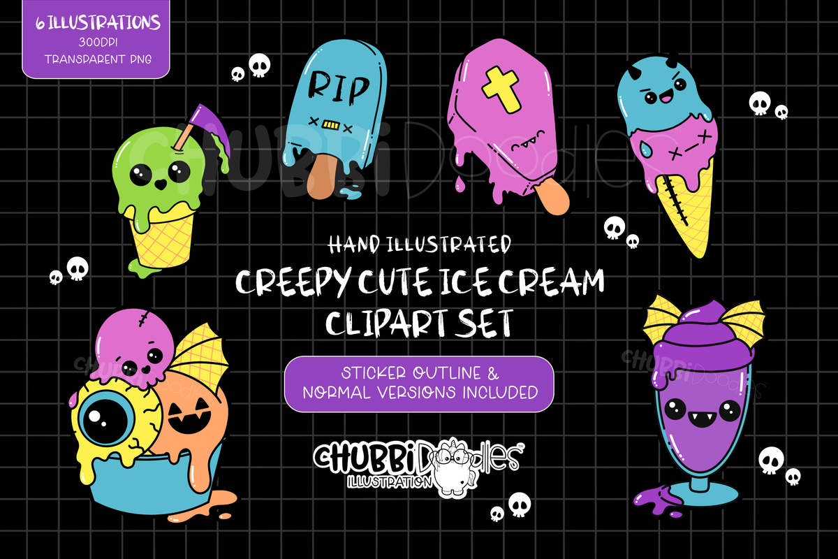 Creepy Cute Ice Cream Illustrations Clipart Set Goth Ink