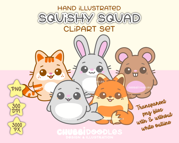 Squishy Squad Illustrations - Cute Animals PNG Clipart Stickers DTF Sublimation