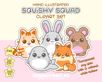 Squishy Squad Illustrations - Cute Animals PNG Clipart Stickers DTF Sublimation