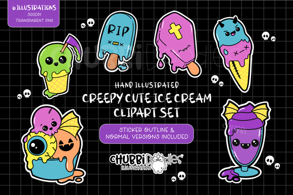 Creepy Cute Ice Cream Illustrations - Clipart Set - Goth