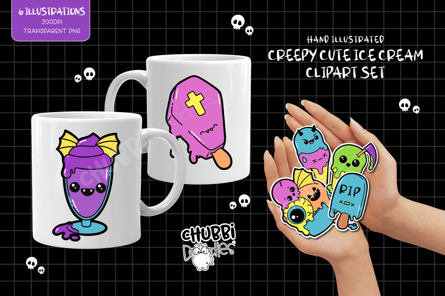 Creepy Cute Ice Cream Illustrations - Clipart Set - Goth