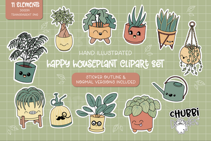 Happy Houseplant Clipart Set - Stickers - PNG Kawaii Plants