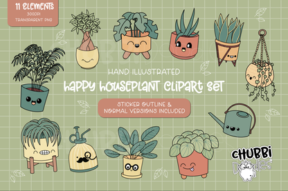 Happy Houseplant Clipart Set - Stickers - PNG Kawaii Plants