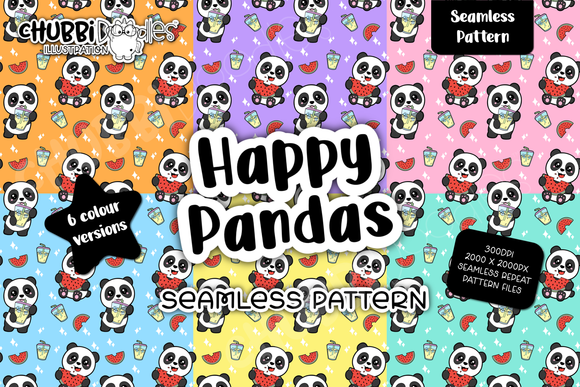 Happy Pandas Seamless Repeat Pattern - 6 Colours