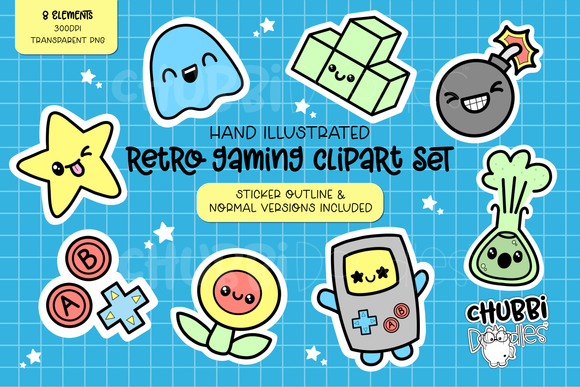 Retro Gaming Illustrations - Clipart Set - Game Stickers PNG