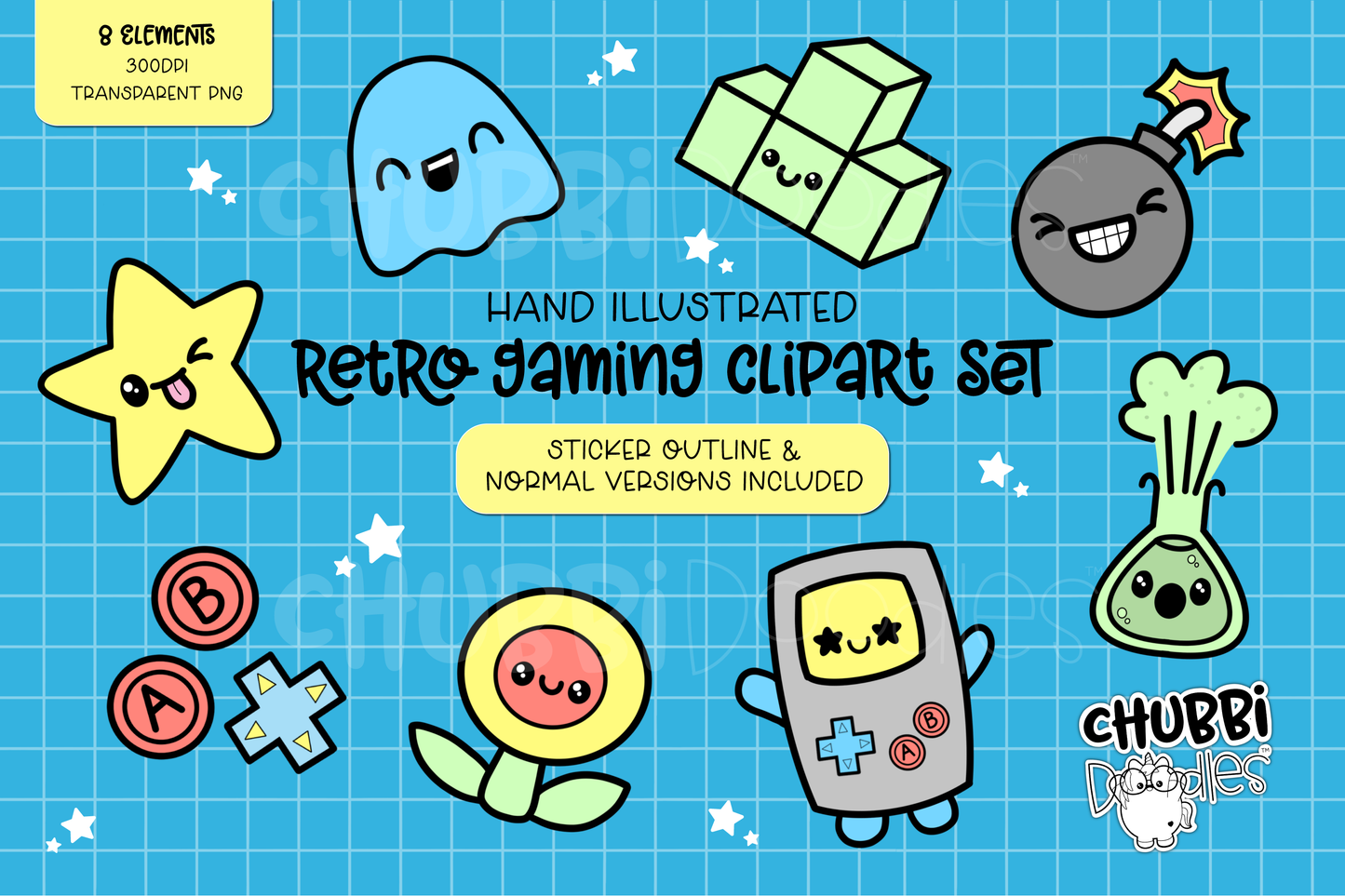 Retro Gaming Illustrations - Clipart Set - Game Stickers PNG