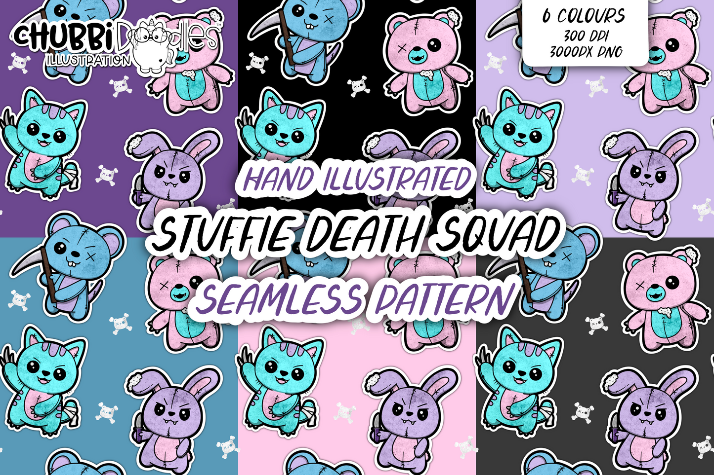 STUFFIE DEATH SQUAD SEAMLESS PATTERN - PASTEL GOTH HORROR