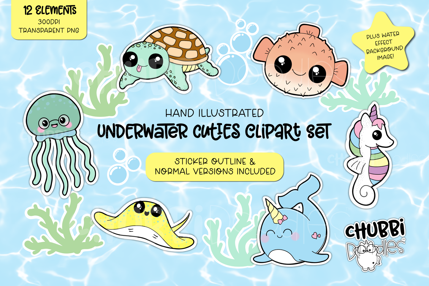 Underwater Cuties Clipart Set - Stickers - PNG Kawaii Sea