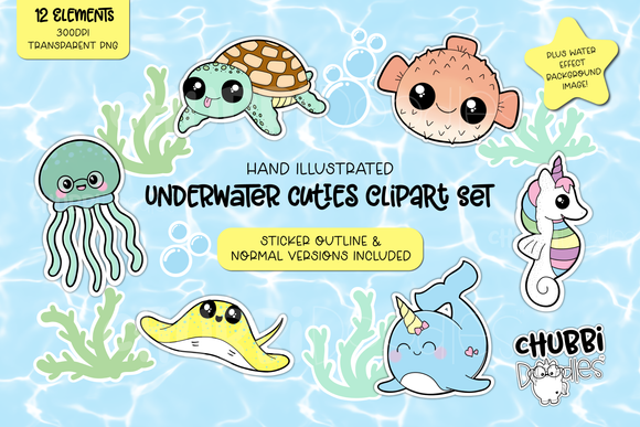 Underwater Cuties Clipart Set - Stickers - PNG Kawaii Sea