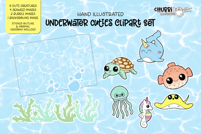 Underwater Cuties Clipart Set - Stickers - PNG Kawaii Sea