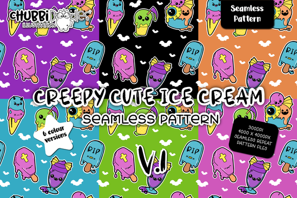 Creepy Cute Ice Cream Seamless Pattern V1 - Alternative Goth