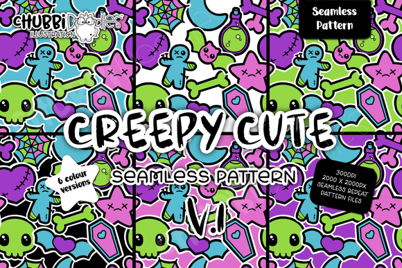 Creepy Cute Seamless Pattern V1 - Alternative Kawaii Goth