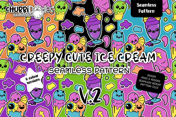Creepy Cute Ice Cream Seamless Pattern V2 - Alternative Goth
