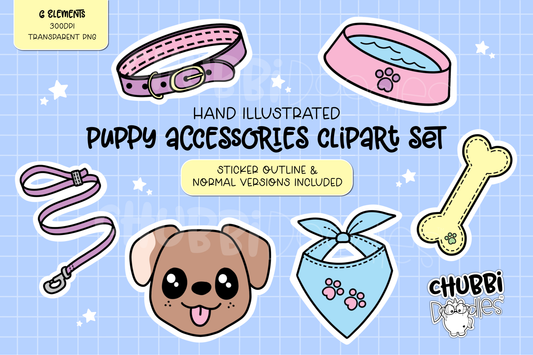 Puppy Accessory Illustrations - Clipart Set - Stickers - Dog