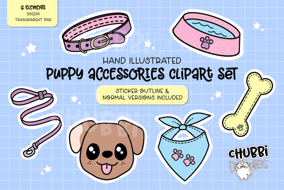 Puppy Accessory Illustrations - Clipart Set - Stickers - Dog